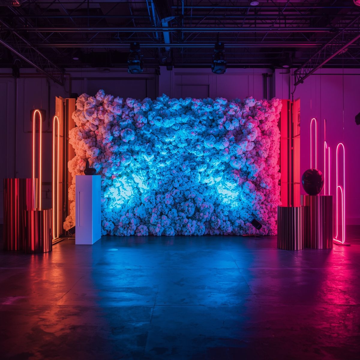 Themed party installation with neon lighting